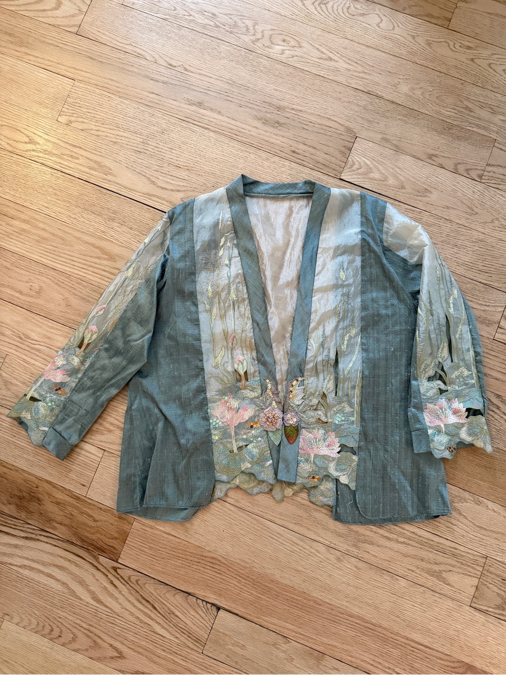 ❣️ Lee Andersen Embroidered Sheer Aqua Green Silk Jacket Large